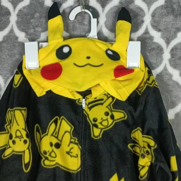 Pokemon Pikachu One Piece Pajamas Youth Medium 8/10 Black Yellow Hooded Fleece - Picture 4 of 9